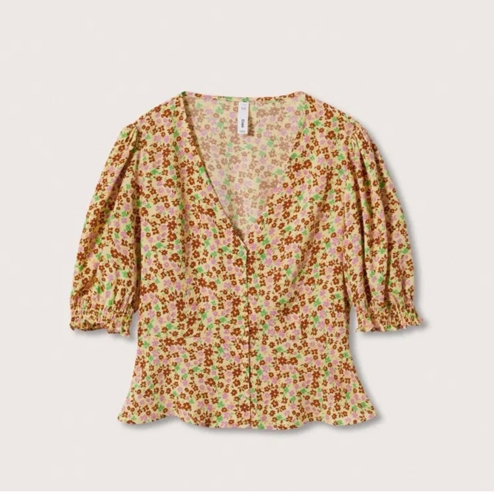Mango Floral Puff Sleeve Blouse S 4 NWT V Neck Viscose Romantic Top